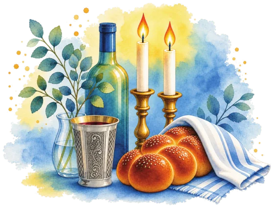 Watercolour illustration of two lit Shabbos candles in brass candlesticks, a silver Kiddush cup, a wine bottle and a covered challah