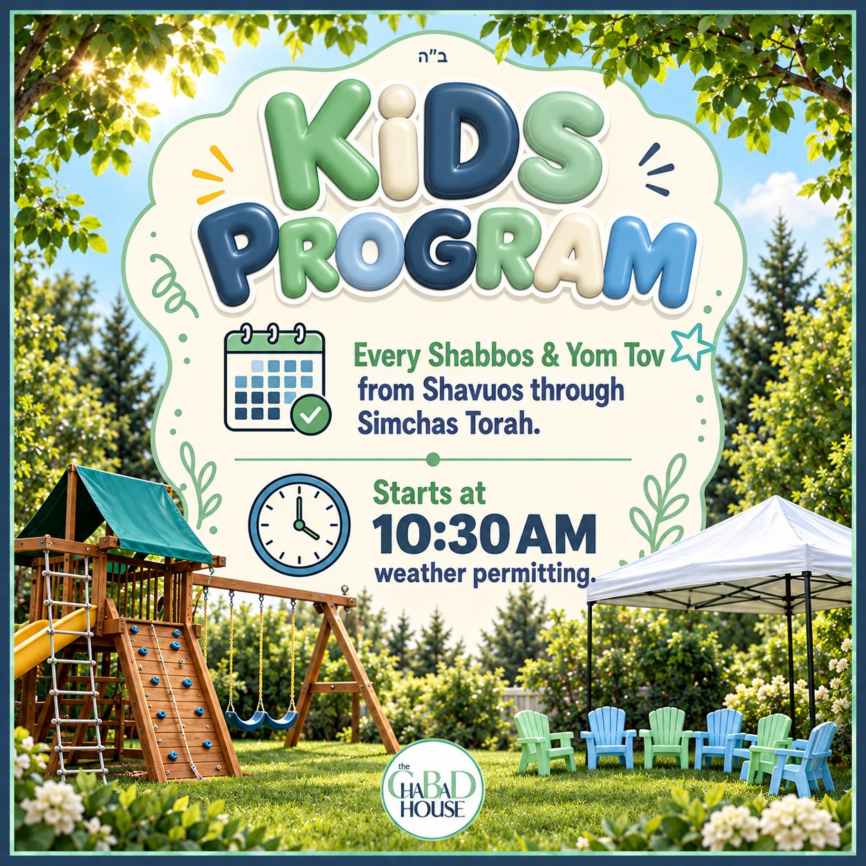 Kids Program flyer showing an outdoor play structure, swings and colourful chairs under a canopy